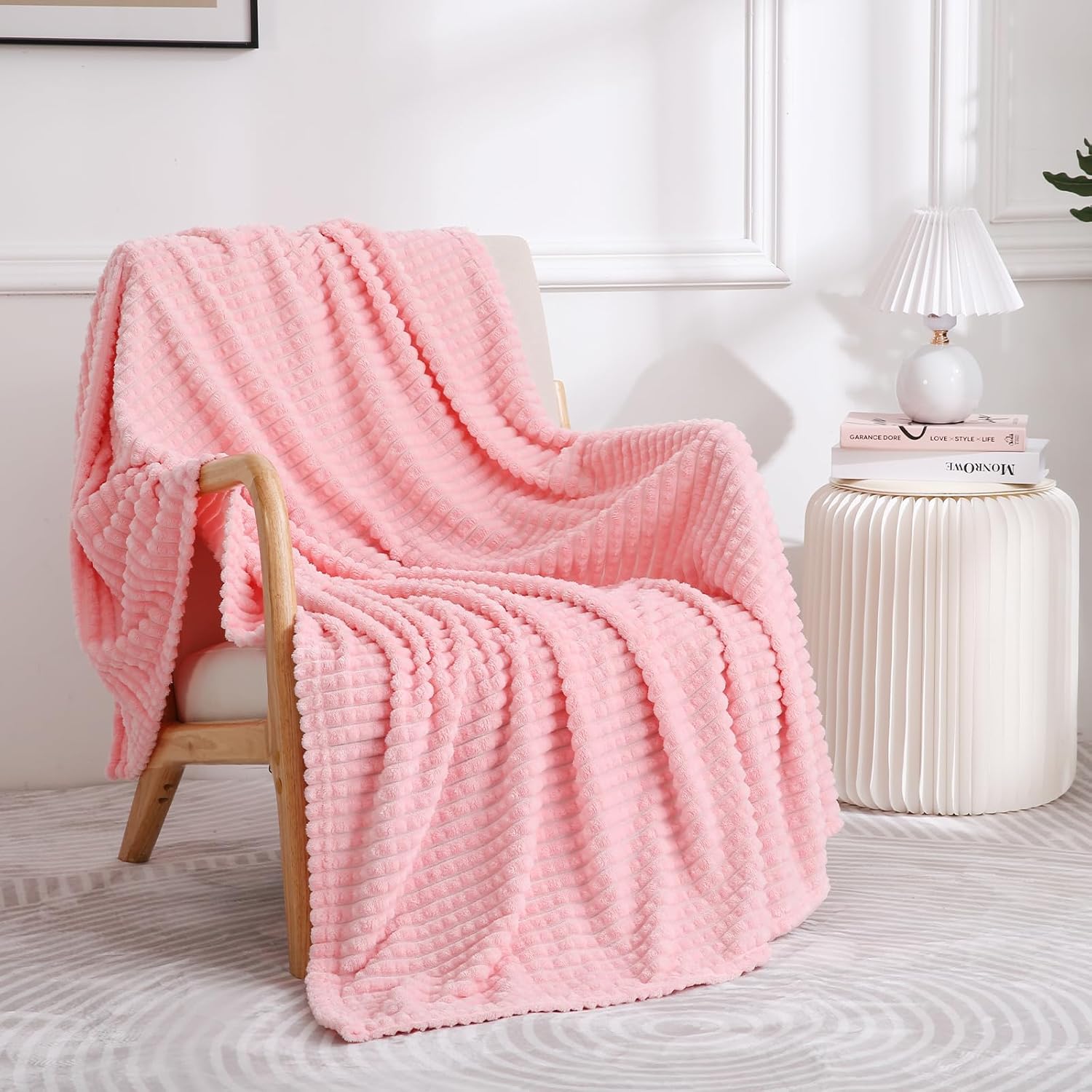 Puncuntex Fleece Throw Blanket Light Pink 50"×60" with Square Grid Design
