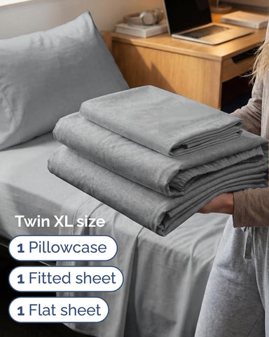 Twin XL 3 Piece Sheet Set - College Dorm Room Essentials - Heathered Grey