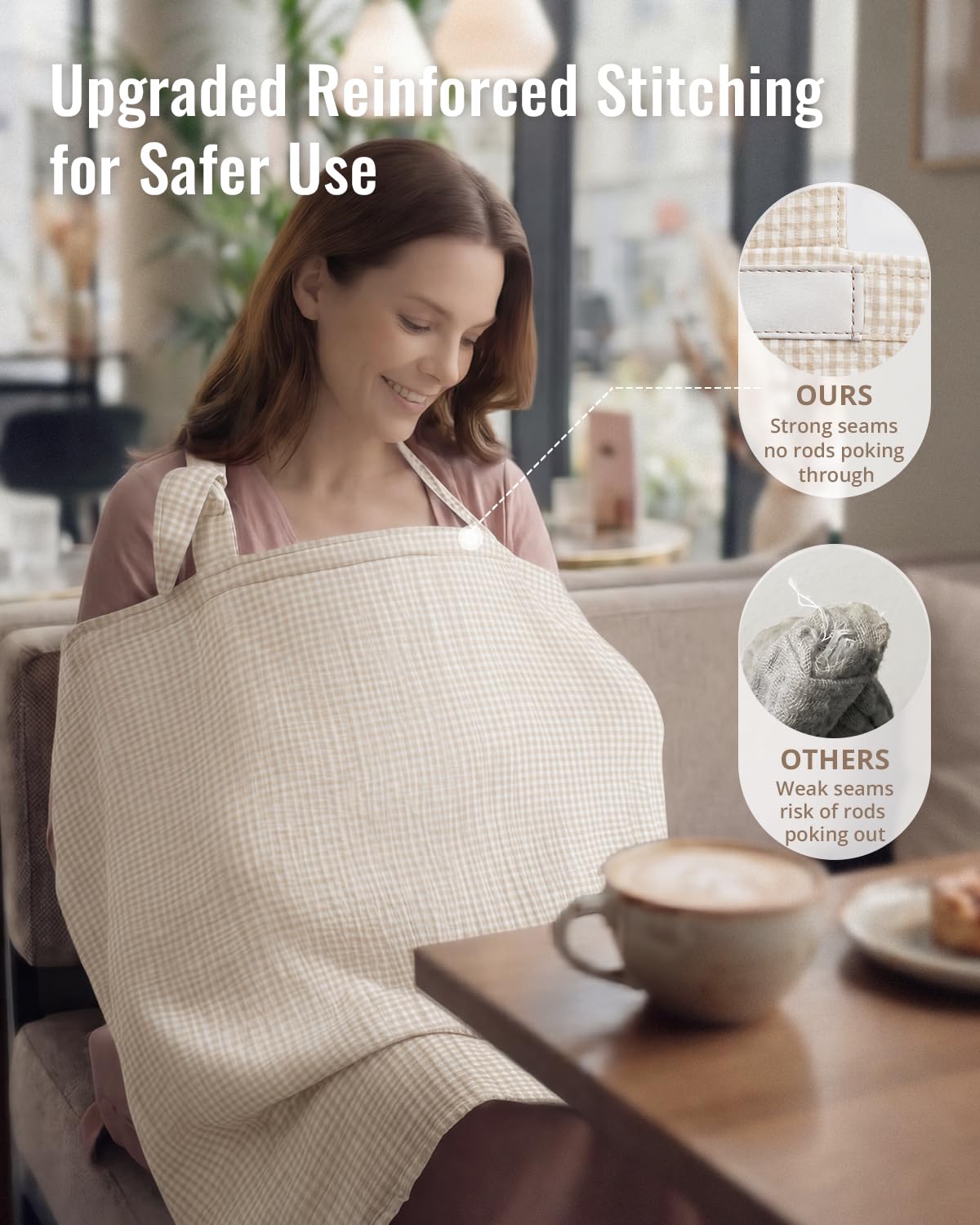 Blissful Diary Muslin Nursing Cover for Breastfeeding, Breathable Breastfeeding Cover up with Arch Neckline for Women, Nursing Apron (Beige Gingham)
