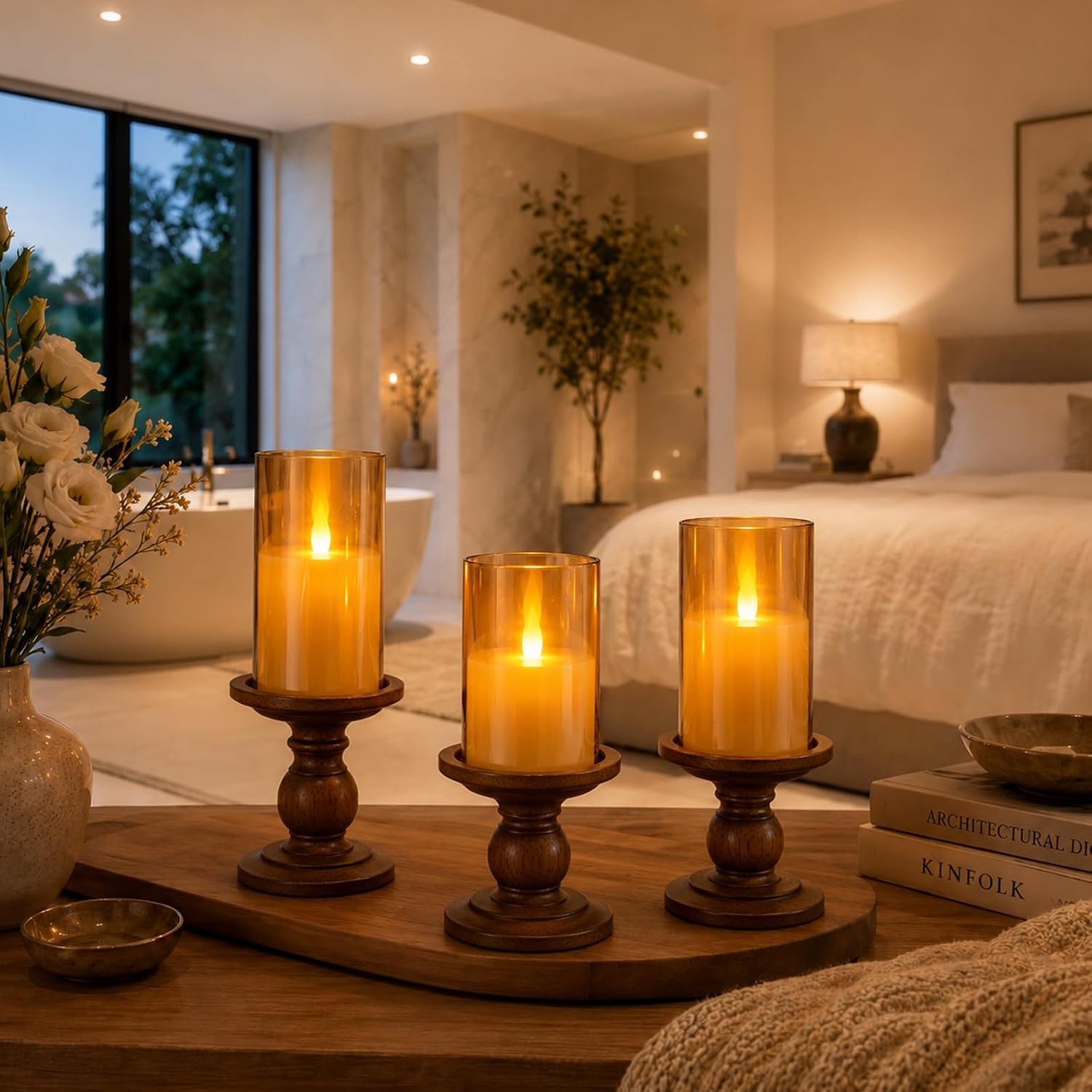 Flameless Candles with Moving Climbing Flame, 12-Pack 4" 5" 6"H LED Pillar Candles, 8-Key Remote, Battery Operated (2 AA Not Included), Bulk Decor for Weddings, Banquets & Grand Events (Amber Ivory)
