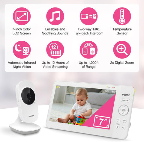 VTech Baby Monitor No WiFi with 7" Screen – 12Hr Battery, 1000ft Range, Night Vision, Two-Way Talk, Temperature Sensor, Lullabies, Sound-Activated Screen | 819 Max