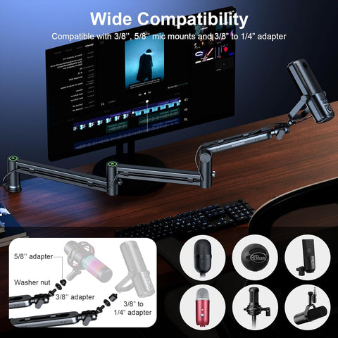 Microphone Arm,Aokeo AK-58i Desk Low Profile Mic Boom Arm Stand,Suitable For Blue Yeti,Snowball iCE,HyperX QuadCast,SoloCast,Elgato Wave,Etc