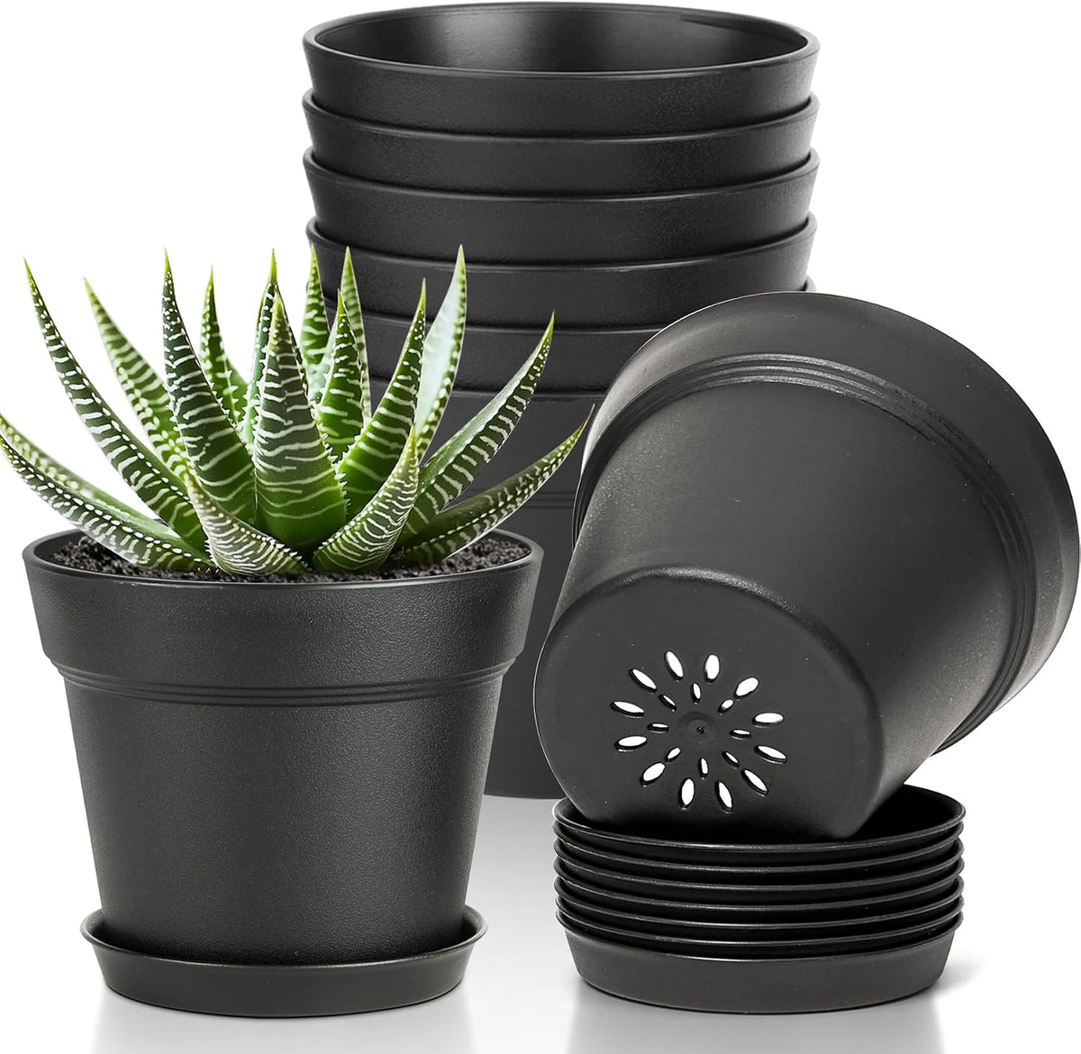 T4U Small Plant Pots 5 Inch 8 Pack, Plastic Indoor Flower Pots Saucer Black