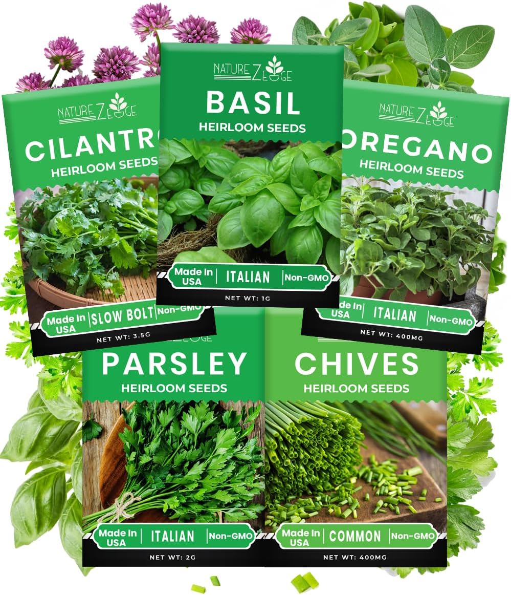 NatureZ Edge Herb Seeds Variety Pack, Basil Cilantro Parsley Chives Oregano