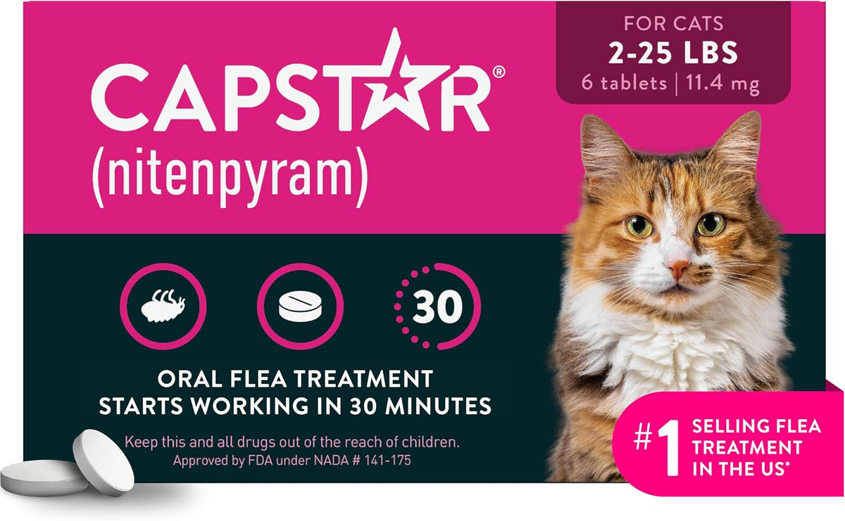 Capstar (nitenpyram) Cat Flea Treatment, Fast-Acting Oral Flea Treatment for Cats 2-25 lbs, Vet-Recommended Medication Tablets Start Killing in 30 Minutes, 6 Doses