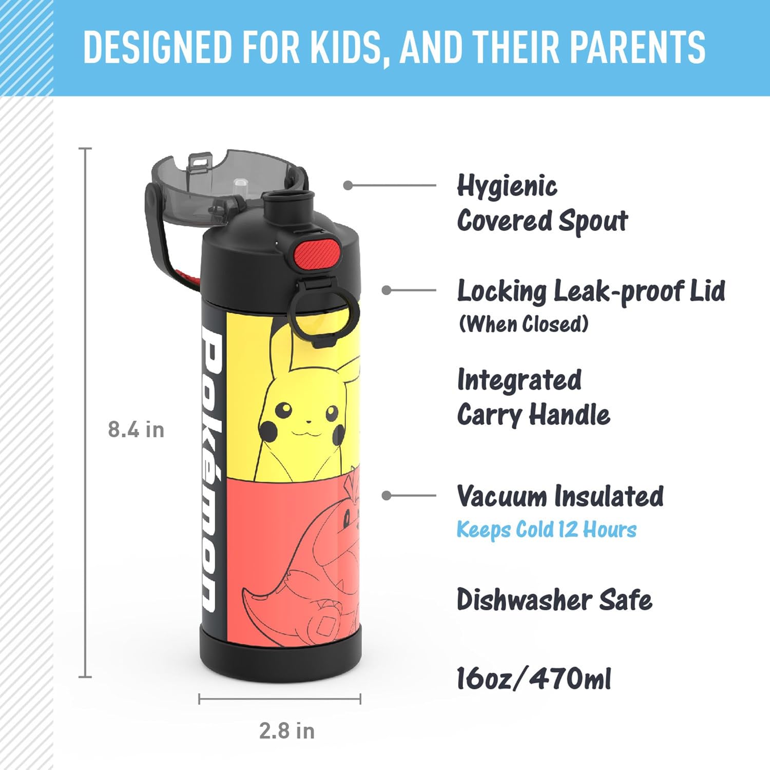 THERMOS FUNTAINER Water Bottle with Spout, 16oz, Pokemon