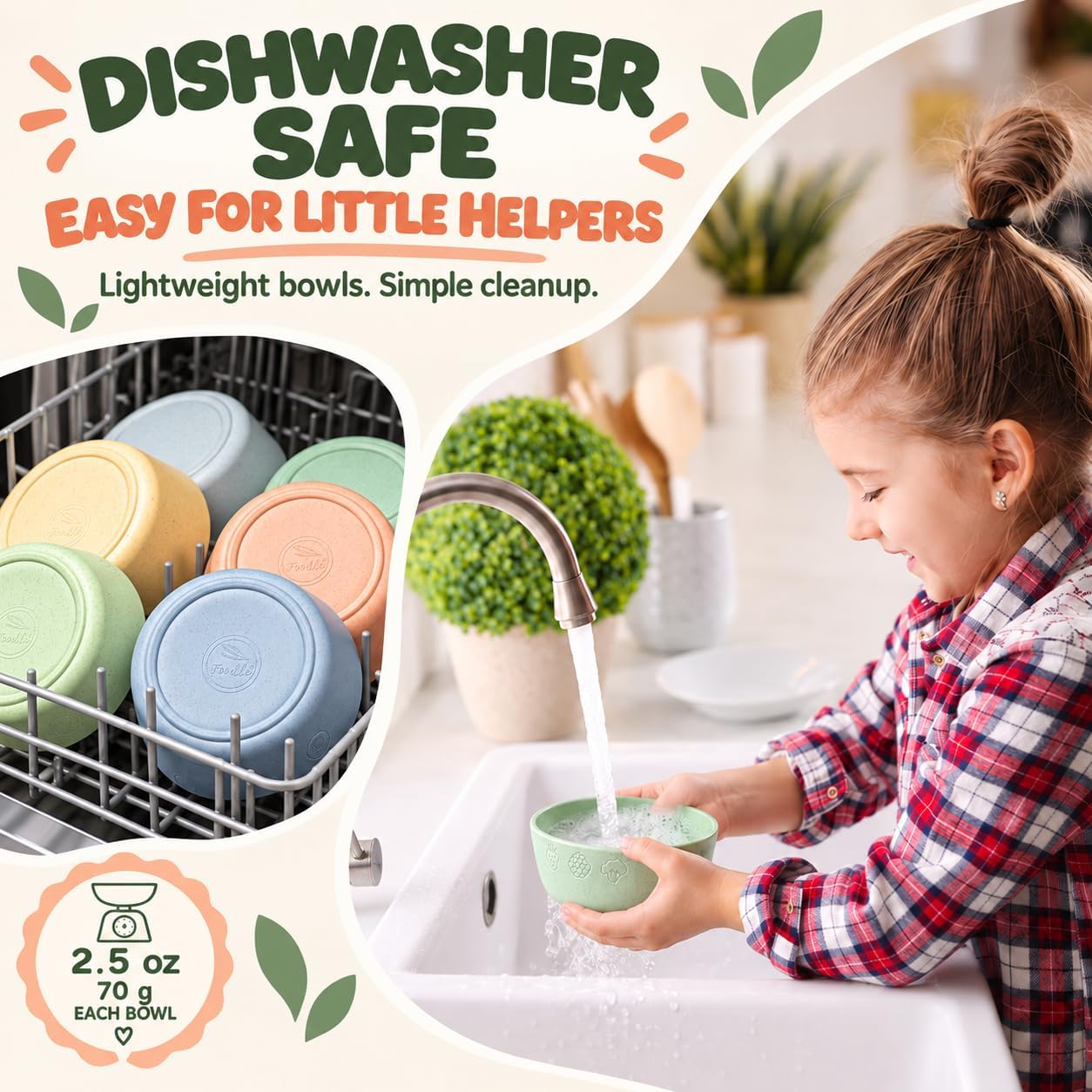 FOODLE Wheat Straw Kids Bowls - Microwave and Dishwasher Safe Toddler Bowls