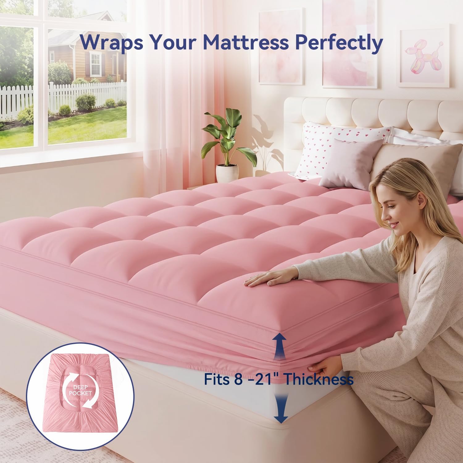 ELEMUSE Full Pink Mattress Topper, Thick Pillow Top Bed Topper Mattress Pad