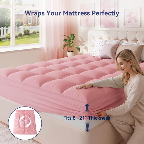 ELEMUSE Full Pink Mattress Topper, Thick Pillow Top Bed Topper Mattress Pad