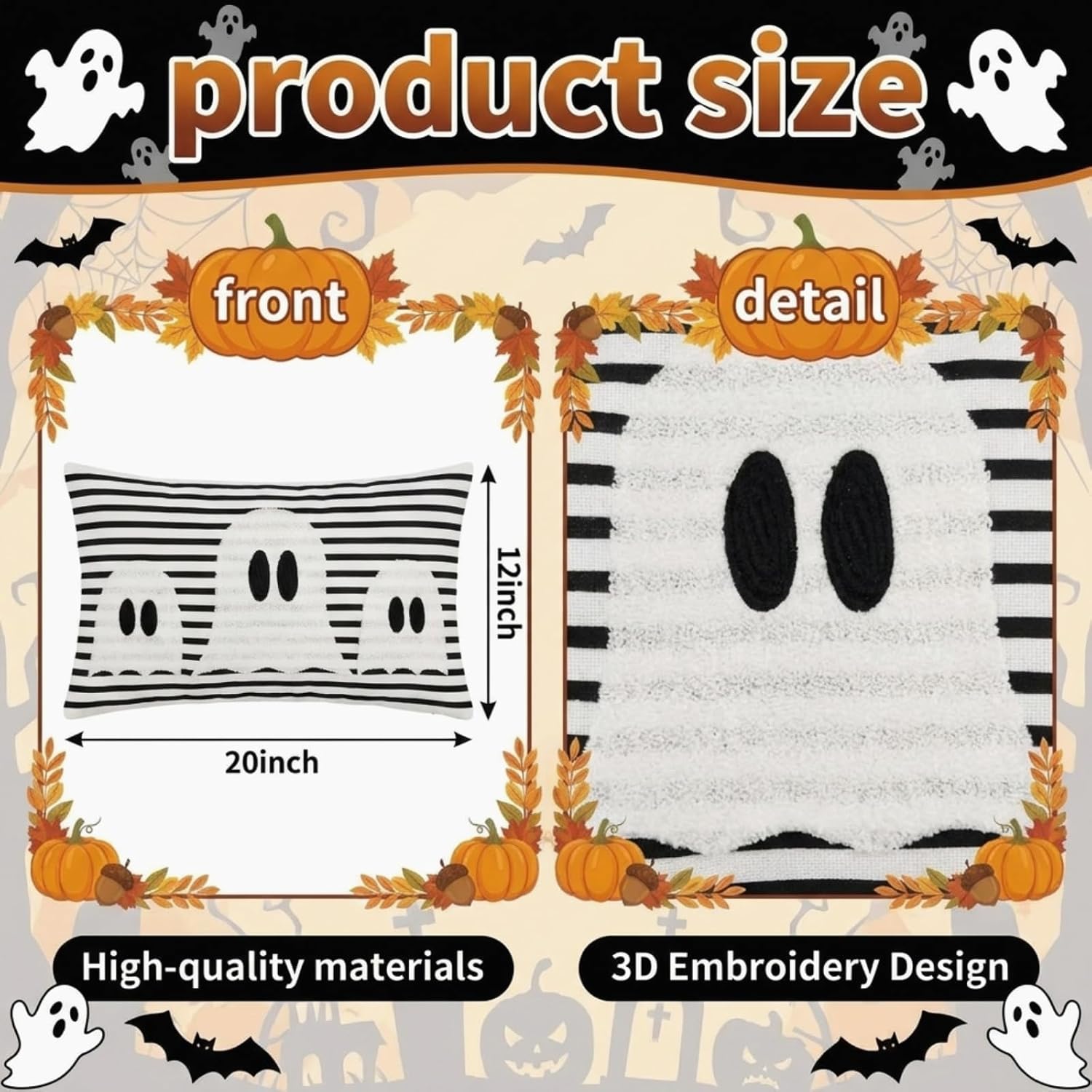 Boao Halloween Ghost Pillow Covers 12x20 Spooky Black and White Striped