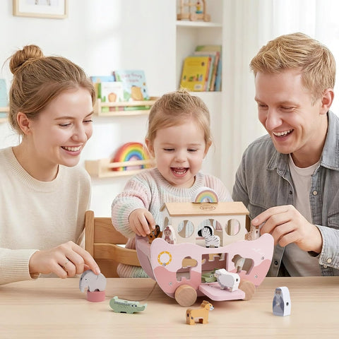 Joyreal Pink Wooden Noah's Ark Toy for 1 Year Old Baby Girl Baptism Gifts