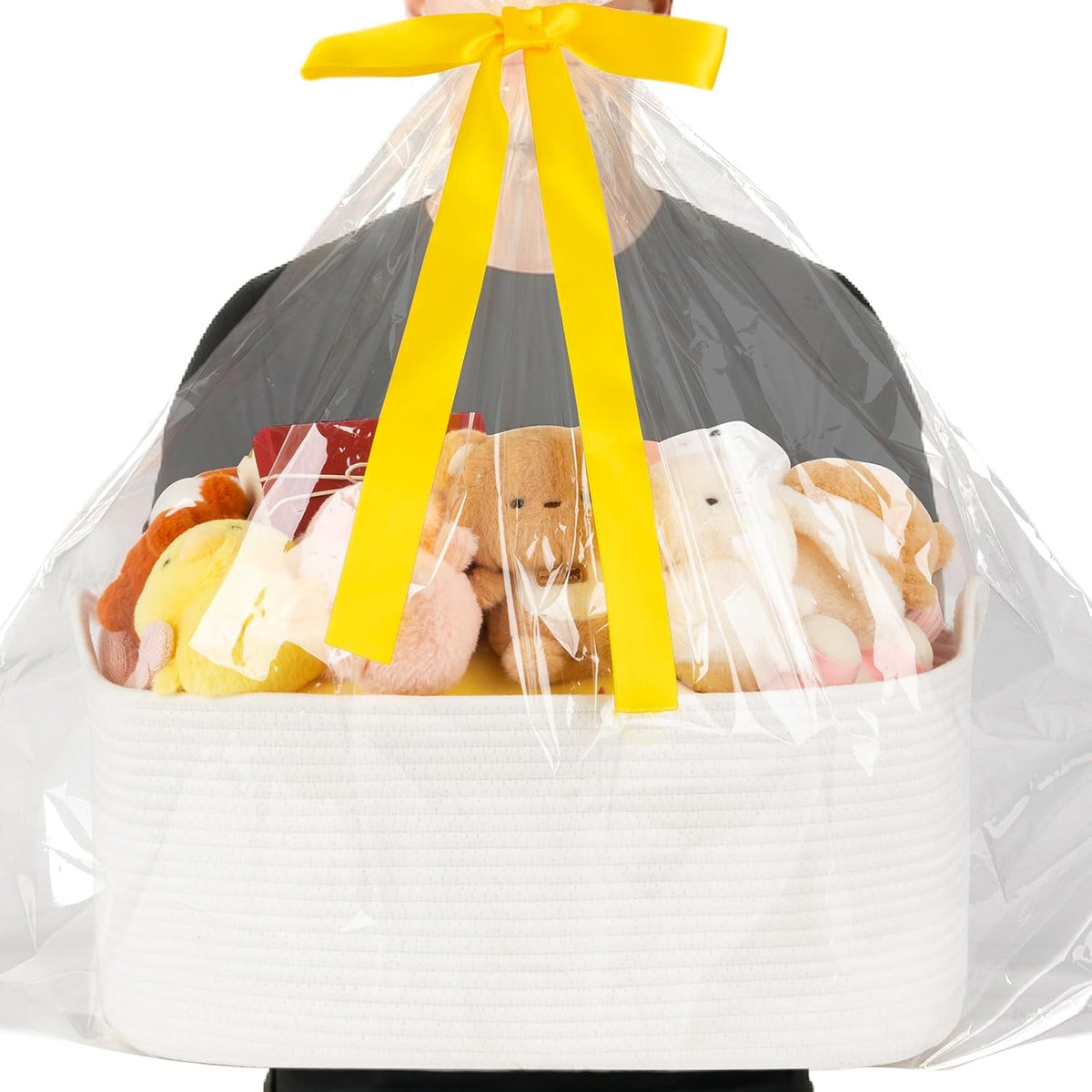 OIASKET XXL Large Empty Cotton Rope Gift Basket with Handles, 20.1"x14.6"x8.7" Decorative Woven Storage Basket with Gift Bag and Ribbon Set for Baby Shower, Toy Organizer for Kids, Dogs & Cats - White