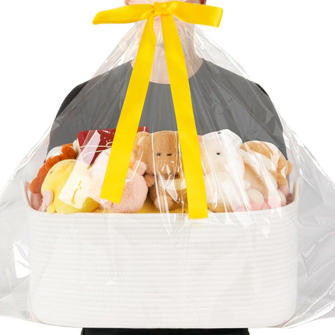 OIASKET XXL Large Empty Cotton Rope Gift Basket with Handles, 20.1"x14.6"x8.7" Decorative Woven Storage Basket with Gift Bag and Ribbon Set for Baby Shower, Toy Organizer for Kids, Dogs & Cats - White