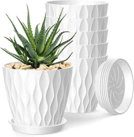 4 Inch Plant Pots, 6 Pack Indoor Flower Pots, Planters with Drainage Holes and Trays for Orchids, Violets, Succulents, Herbs, and Other Plants,White