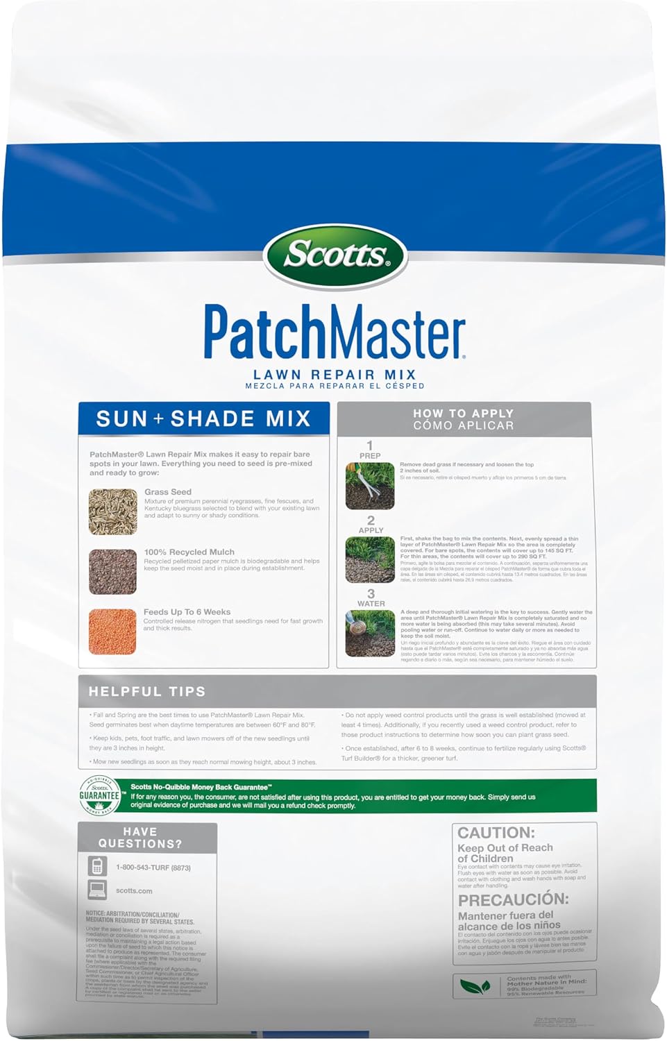 Scotts PatchMaster Lawn Repair Mix Sun and Shade Mix - 10 lb, All-in-One Bare Spot Repair, Feeds for Up to 6 Weeks, Fast Growth and Thick Results, Covers Up to 290 sq. ft.
