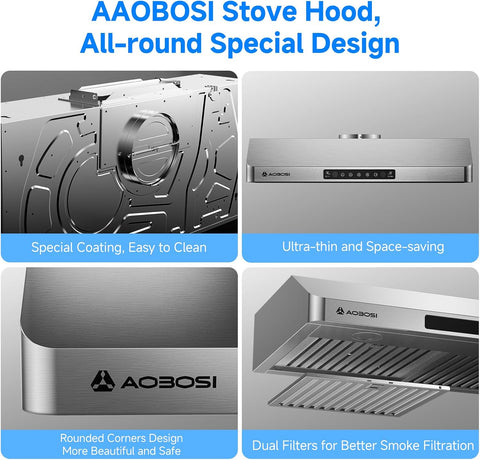 AAOBOSI Range Hood 30 inch Under Cabinet, (Upgraded)800-CFM Gesture Sensing/Touch Control/Motor,3 Speed Range Hood with LED Lights Exhaust Fan, Stainless Steel Kitchen Vent Hood