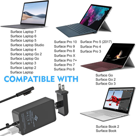 65W Surface Pro Laptop Charger for Microsoft Surface Pro 10 9 8 7+ X 7 6 5 4 3, Windows Surface Laptop 7 6 5 Studio 4 Go 3 2, Surface Go 2 3, Surface Book 2 1, Support 44W 36W, 10.1FT Cord&Travel Case