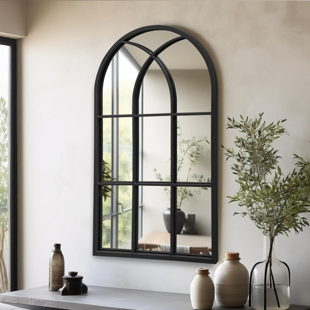 Dewfig Arched Window Wall Mirror, 42"x24" Windowpane Mirror, Black