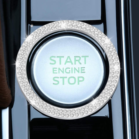 LivTee 2 PCS Crystal Double Rhinestone Car Engine Start Stop Decoration Ring, Bling Car Interior Accessories for Women, Push to Start Button Cover Sticker, Automotive Decals, White