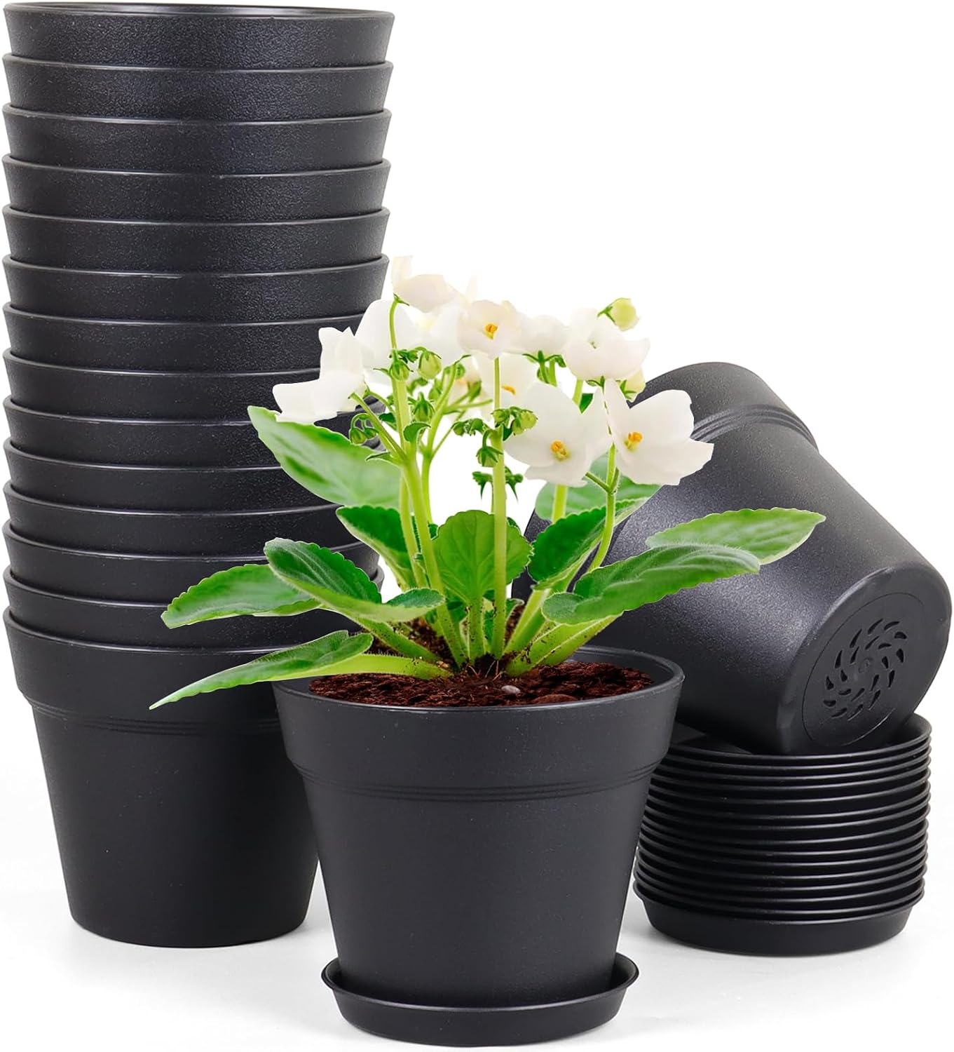 Meowell 4 inch Small Plastic Nursery Pots, 16 Pack Plant Pots for Indoor Outdoor Plants, Flower Pots with Drainage Holes and Saucers, Decorative Seedling Starter Planters for House Plants, Black