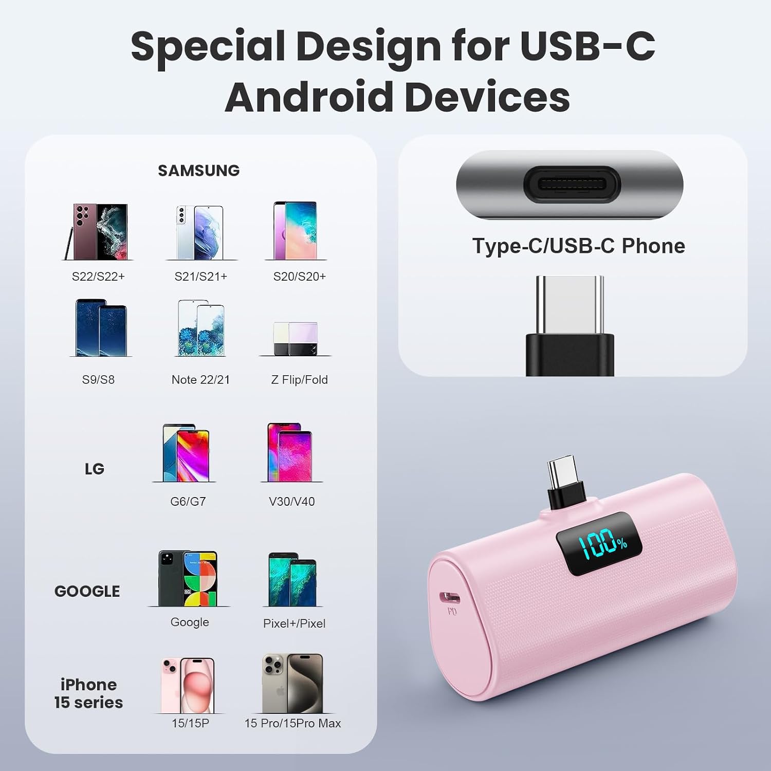[2-Pack]Portable Charger for iPhone 16/15 Series,5200mAh PD USB C Power Bank Built-in USB-C Connector,Battery Pack Compatible with iPhone 16/16 Plus/16 Pro/16 Pro Max/15 Series,Android (Pink+Purple)