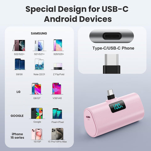 [2-Pack]Portable Charger for iPhone 16/15 Series,5200mAh PD USB C Power Bank Built-in USB-C Connector,Battery Pack Compatible with iPhone 16/16 Plus/16 Pro/16 Pro Max/15 Series,Android (Pink+Purple)