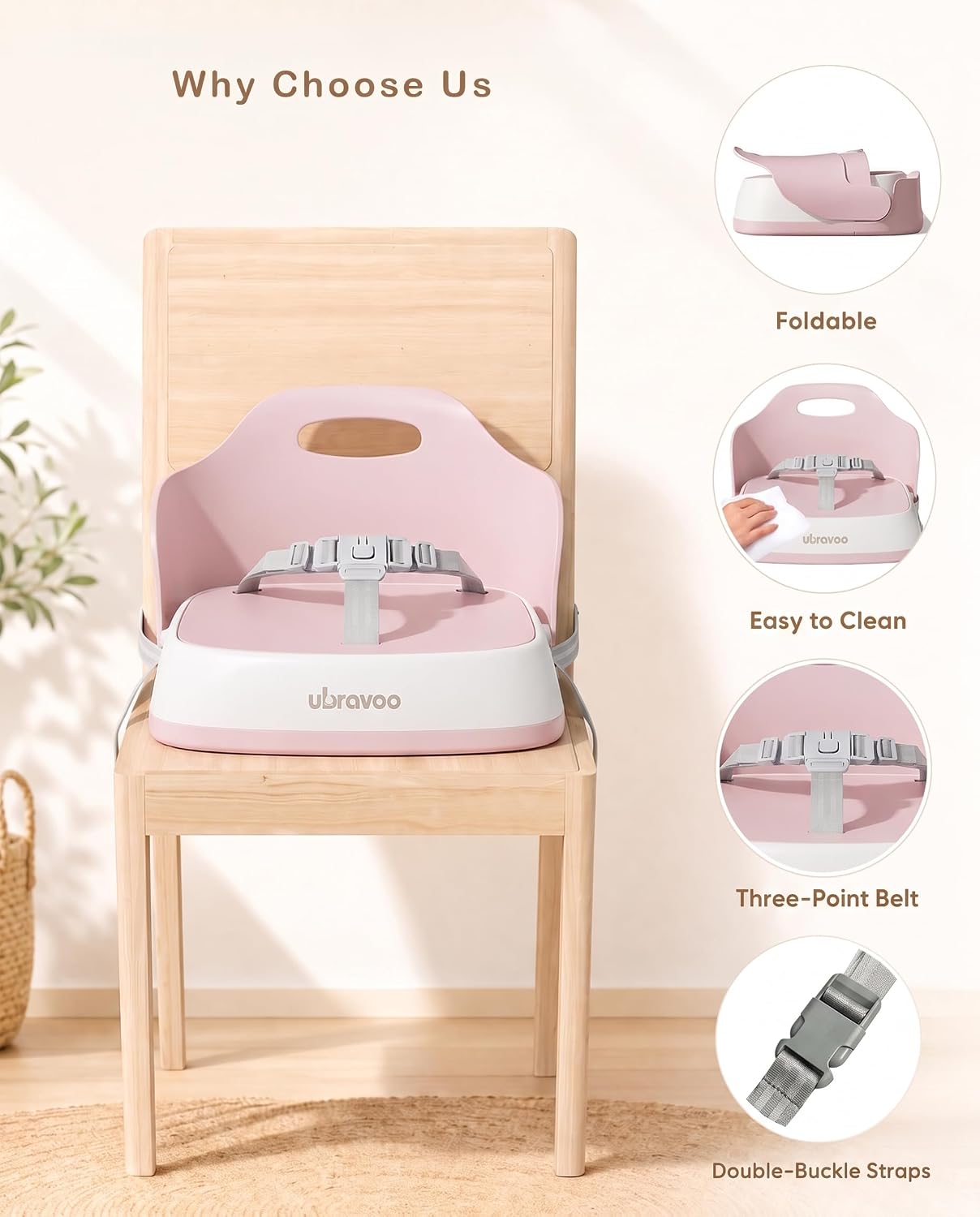 UBRAVOO Booster Seat for Kitchen Chair for Babies and Toddlers Pink