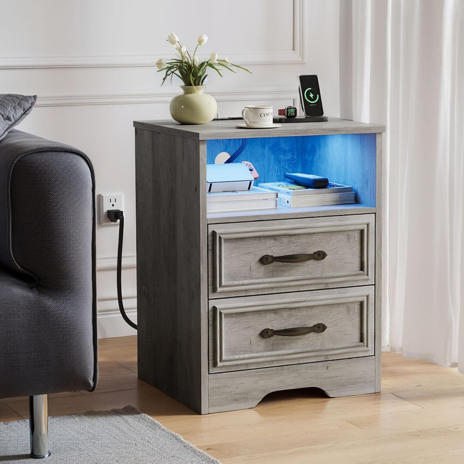 HolliWill Farmhouse Grey Night Stand with Charging Station & LED Light, End Table with 2 Drawers & Open Shelf, Bed Side Table with 2 AC Outlets, USB/USB-C for Bedroom, Living Room