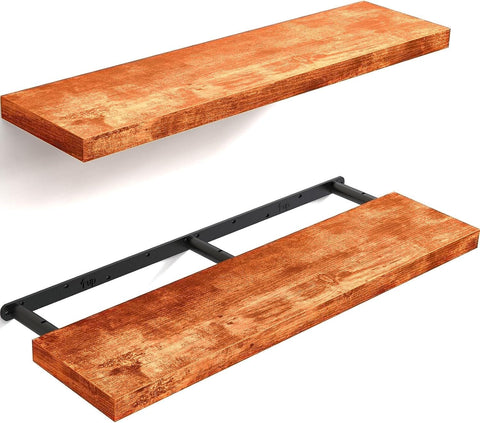 BAYKA Floating Shelves for Wall, 36" Wall Mounted Rustic Wood Shelves for Bathroom, Bedroom, Living Room, Kitchen, Office, Hanging Shelf for Books/Storage/Decor(Rustic Brown,Set of 2)