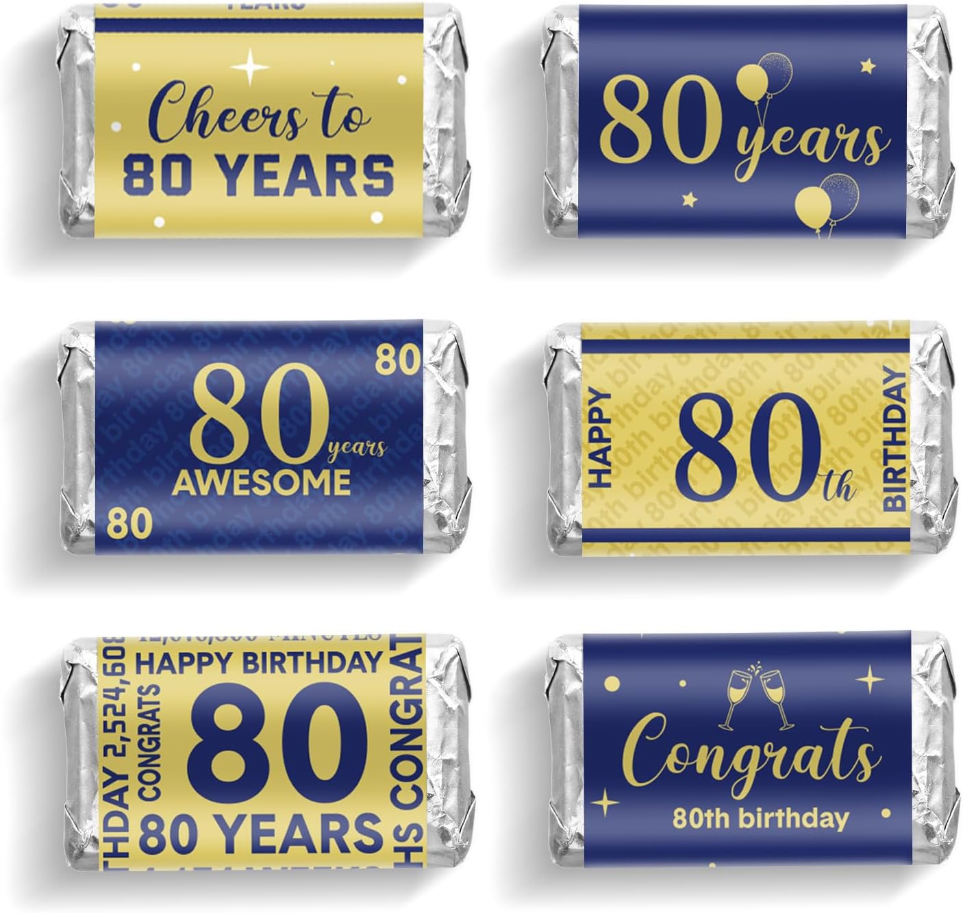 Tenare 90 Pcs 80th Birthday Candy Wrappers, Blue and Gold Stickers