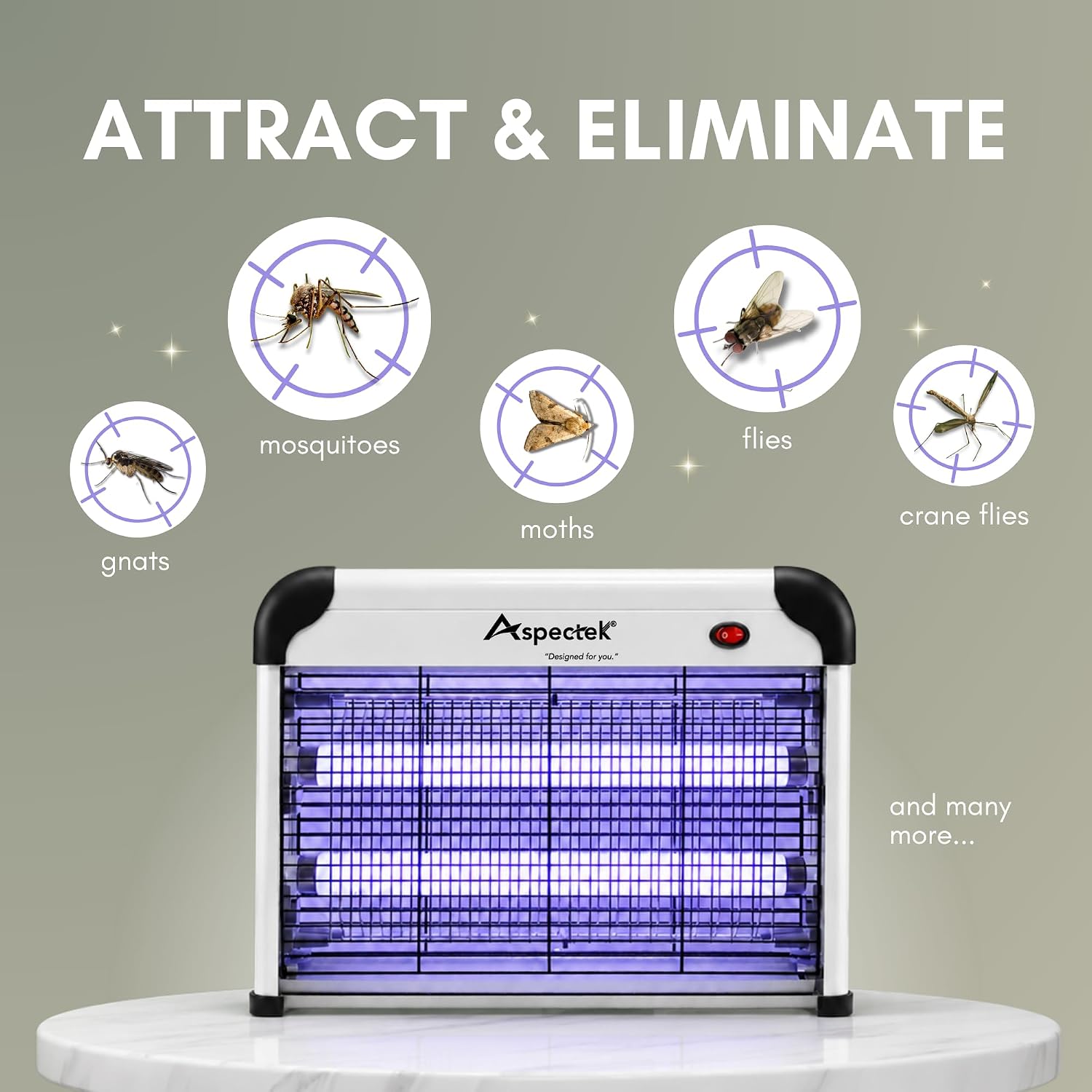 ASPECTEK 20W Electric Bug Zapper, Fly Trap and Mosquito Killer for Indoor and Covered Outdoor Spaces, Patio, Garage, Includes 2 Replacement Bulbs, Effective Gnat, Moth and Insect Control