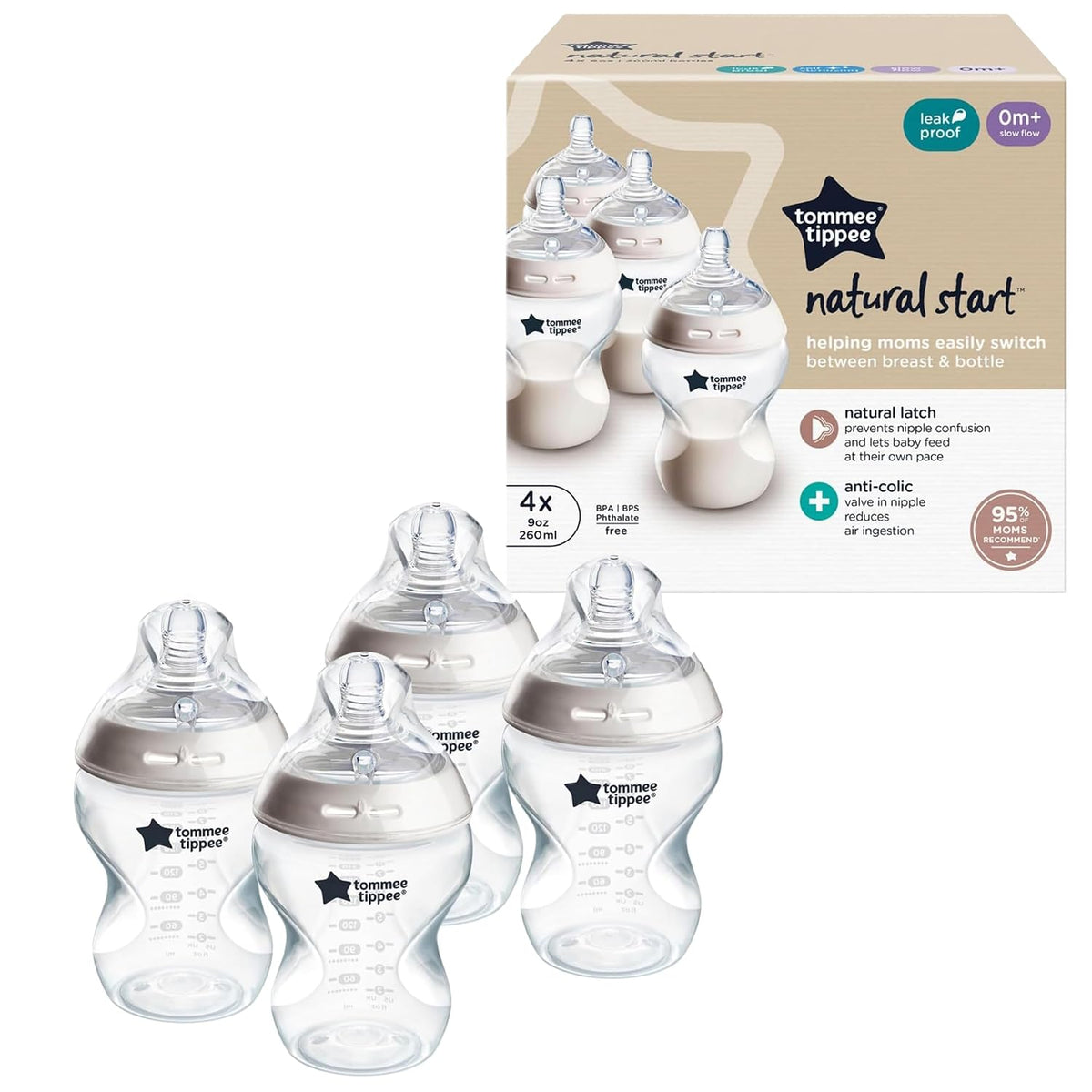 Tommee Tippee Natural Start Anti-Colic 9 oz BPA Free Baby Bottles, 0+ Months, Slow Flow Breast-Like Nipple, Self Sterilizing, Designed for Seamless Transition Between Bottle & Breast, Clear, Pack of 4