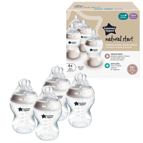 Tommee Tippee Natural Start Anti-Colic 9 oz BPA Free Baby Bottles, 0+ Months, Slow Flow Breast-Like Nipple, Self Sterilizing, Designed for Seamless Transition Between Bottle & Breast, Clear, Pack of 4