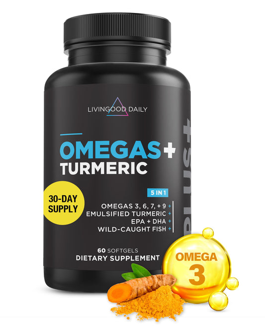 Livingood Daily Omega 3 6 9 Plus Turmeric Curcumin - Omega 3 Supplement (EPA & DHA) - Supports Heart Health - Joint Supplements - 60 Softgels