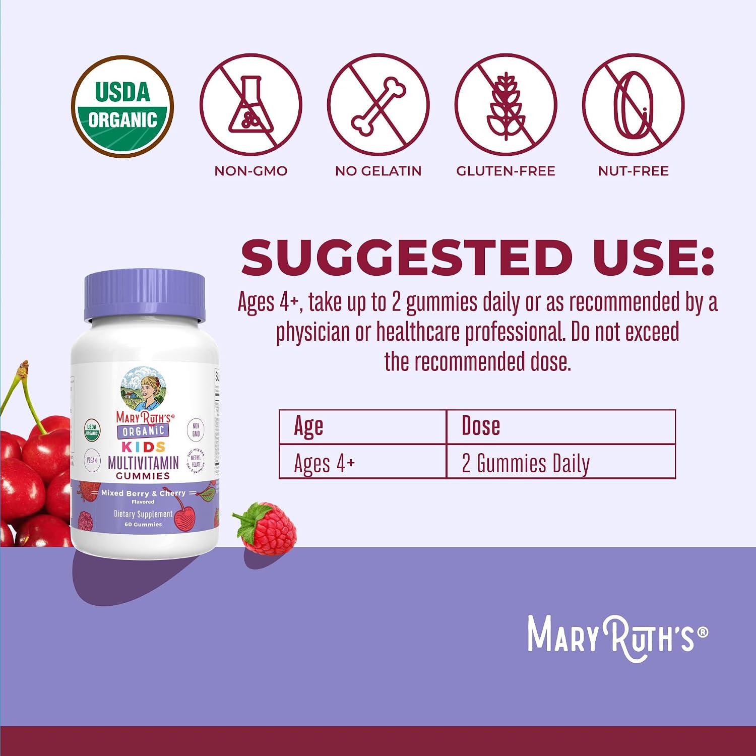 MARYRUTH'S USDA Organic Multivitamin Gummies, Ages 4+, Kids Vitamins, 60ct