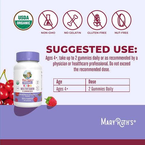 MARYRUTH'S USDA Organic Multivitamin Gummies, Ages 4+, Kids Vitamins, 60ct