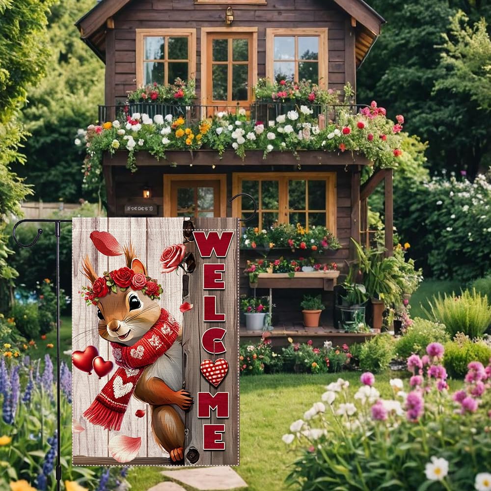 Valentine’s Day Garden Flag 12x18inch Double Sided The Squirrel Red Love Heart Rose Valentine’s Garden Flags For Home Outdoor Yard Patio Lawn Decor,Welcome Valentine Garden Outside Decorations Banner
