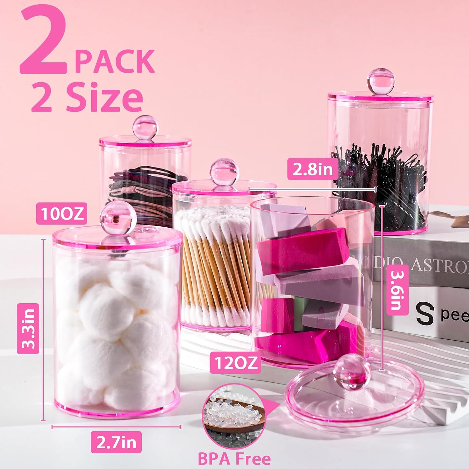 2 Pcs Acrylic Qtip Holder, Cotton Ball Holder Jars with Lids, Pink