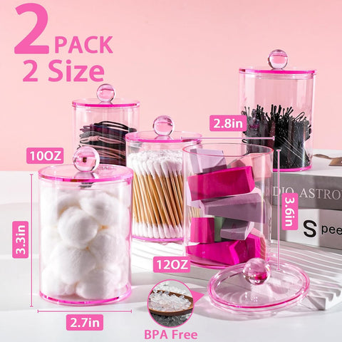 2 Pcs Acrylic Qtip Holder, Cotton Ball Holder Jars with Lids, Pink