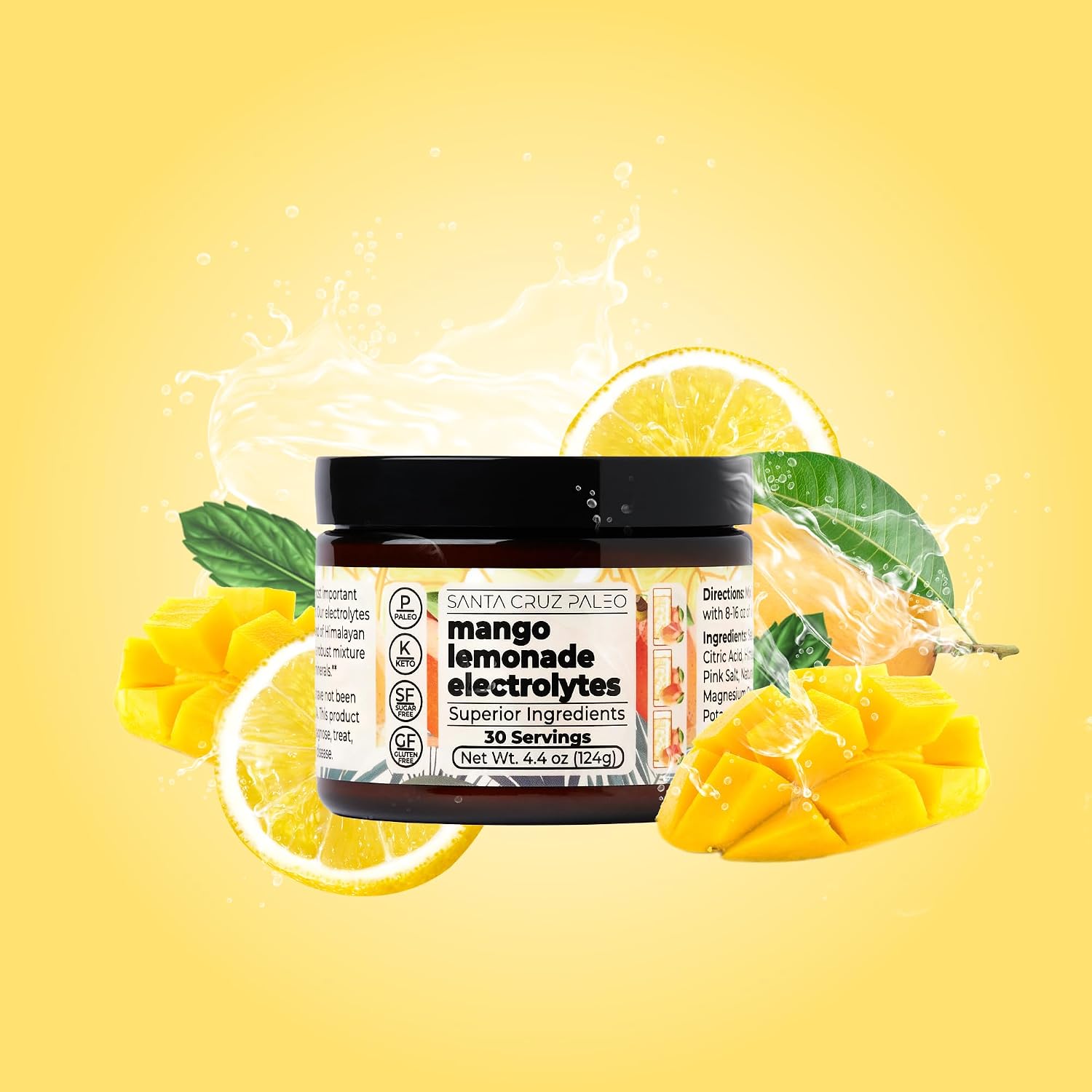 Santa Cruz Paleo Electrolyte Powder, Mango Lemonade, Sugar Free Hydration Drink Mix with Himalayan Pink Salt, Sea Salt, Magnesium Glycinate, Potassium Chloride, Sweetened with Stevia, 30 Servings