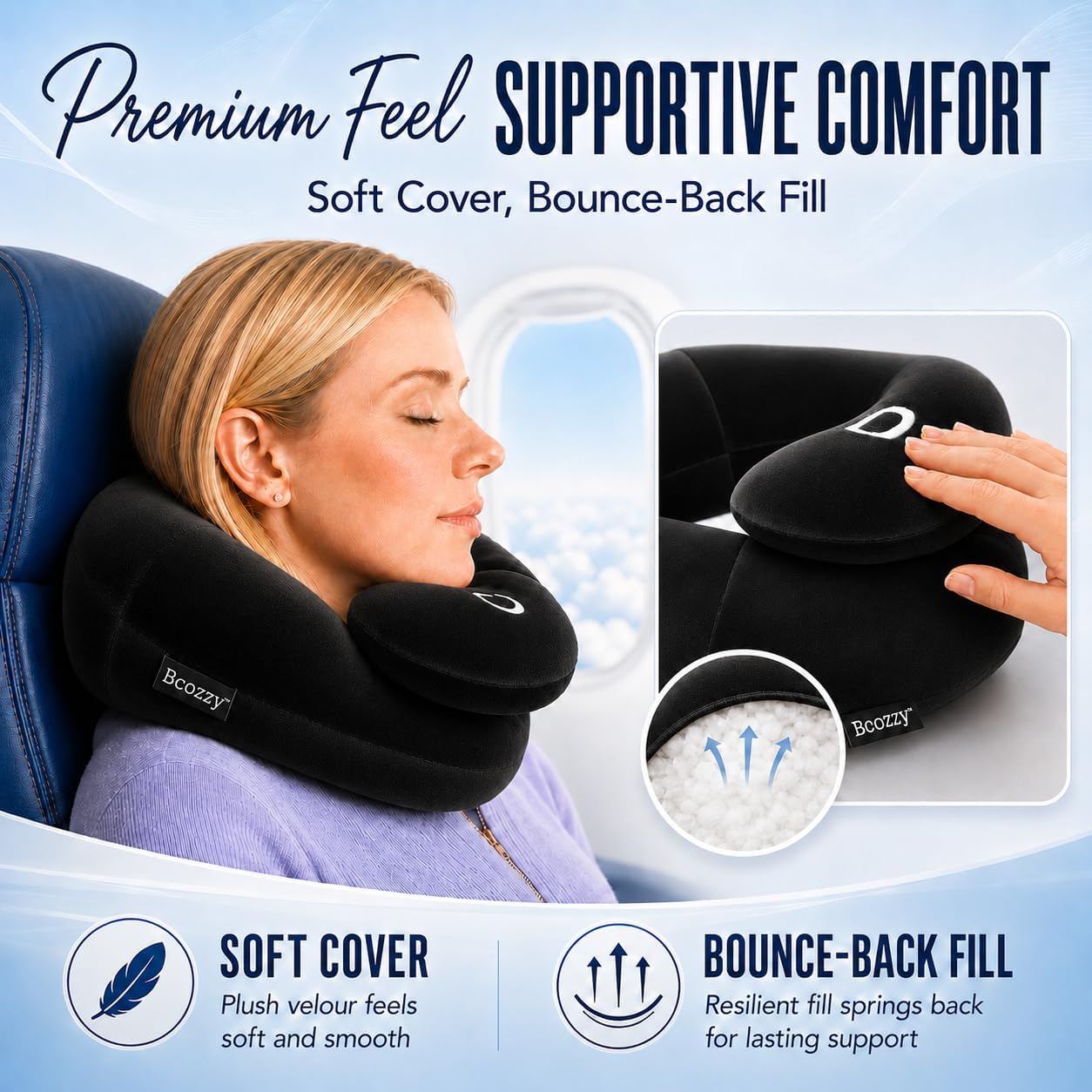 BCOZZY Flat-Back Travel Neck Pillow - Patented Head, Neck & Chin Support for Comfortable Resting on Airplanes, in Cars and Recliners. Soft, Adjustable, Fully Washable, Large, Gray