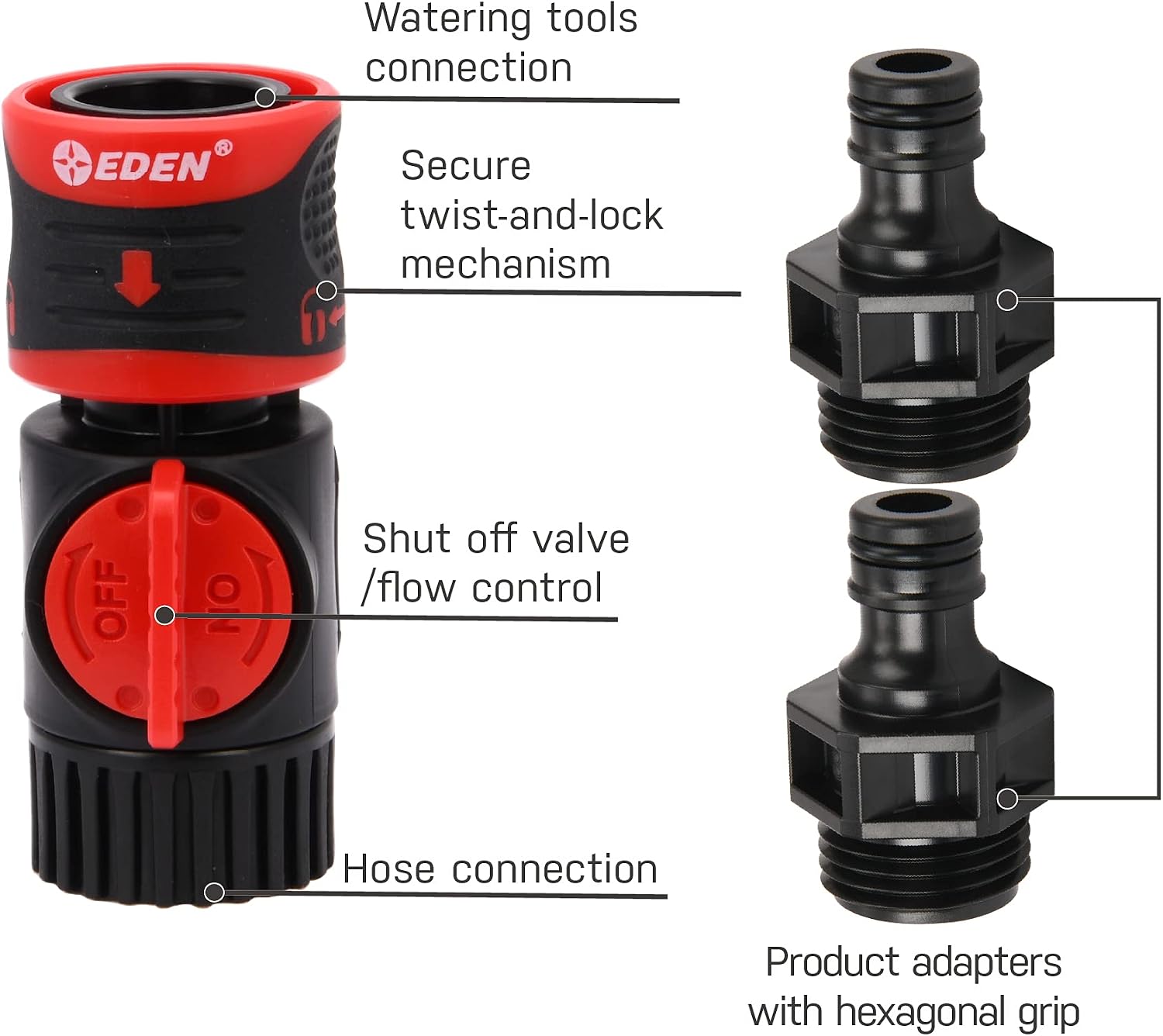 Eden 93218 Premium Garden Hose Quick Connect Kit | 9-Piece / 3-Pair Snap & Lock Fittings and Adapters with Water Stop, Flow Control, Secure Twist-Lock Design