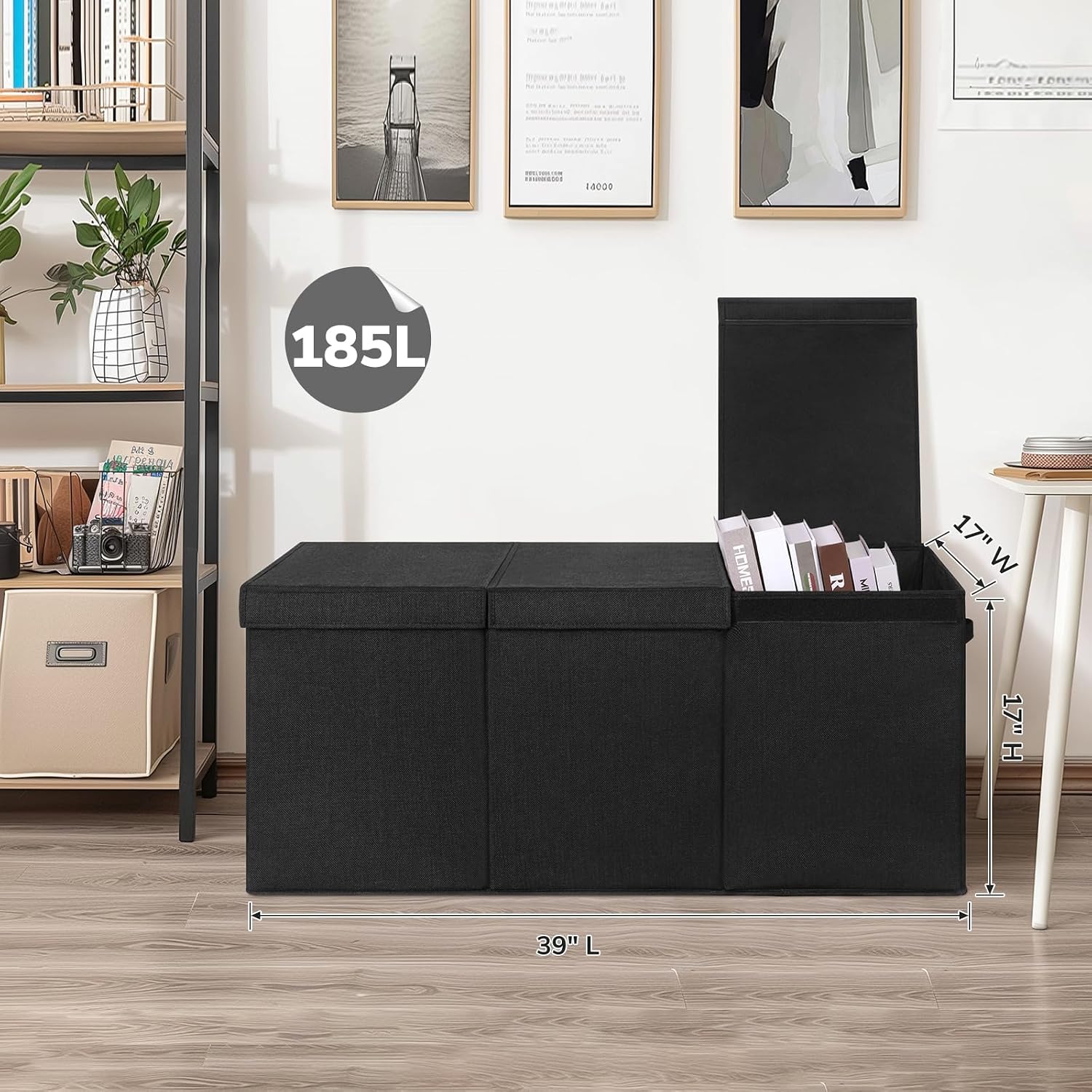 INDRESSME 185L Collapsible Toy Storage Box with Lid, Black