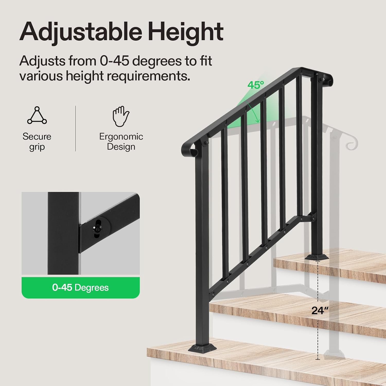 VIVOSUN 3-Step Railing 40"x36" Wrought Iron with Curved & Balusters Black