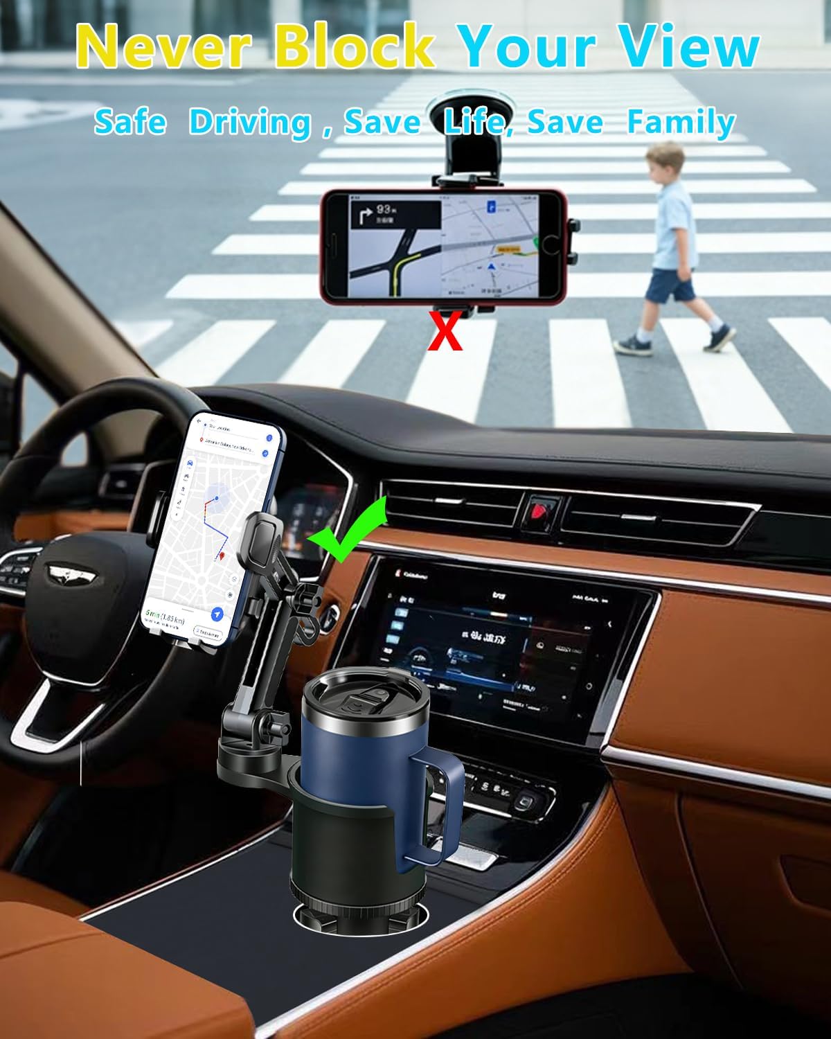 Cup Phone Holder for Car with Expandable Base, 2 in 1 Height-Adjustable Dual Cell Phone Holders Car Cupholder Mount, Friendly Fit Large Bottle & iPhone All Cellphone for Truck SUV | No Shake Design
