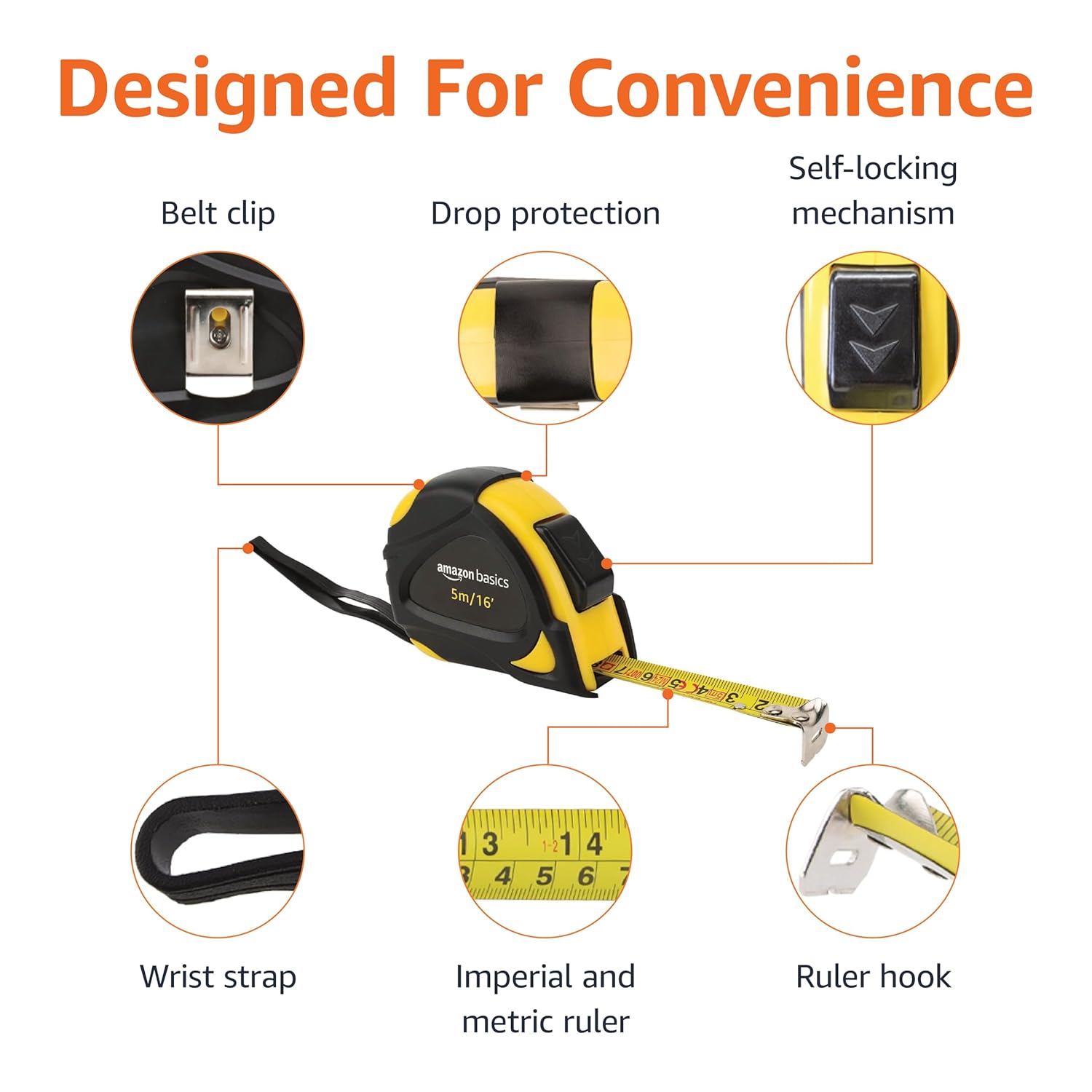 Amazon Basics Self-Locking Tape Measure with Belt Clip, 16-Feet (5-Meters), Inch/Metric Scale, MID Accuracy, Black, Yellow