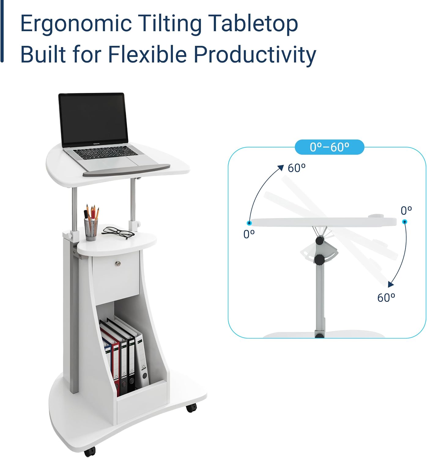 Techni Mobili Adjustable Height Rolling Laptop Cart with Storage, White