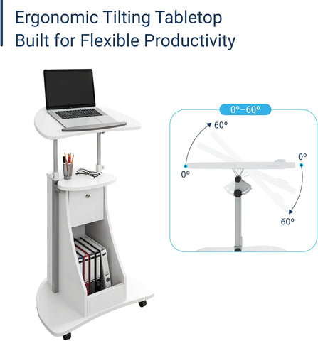 Techni Mobili Adjustable Height Rolling Laptop Cart with Storage, White