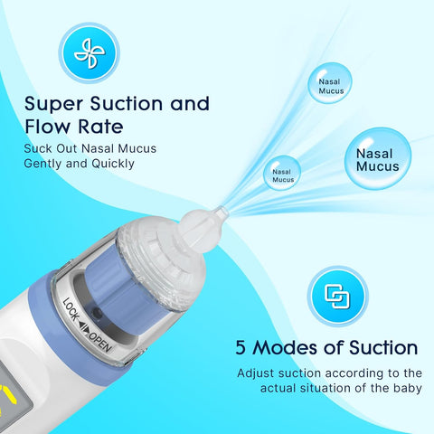 Electric Nasal Aspirator for Baby, Nose Aspirator for Toddlers, Rechargeable Baby Nose Sucker, Nose Cleaner with 3 Silicone Tips, 5 Suction Levels, Music and Light Soothing Function，Blue