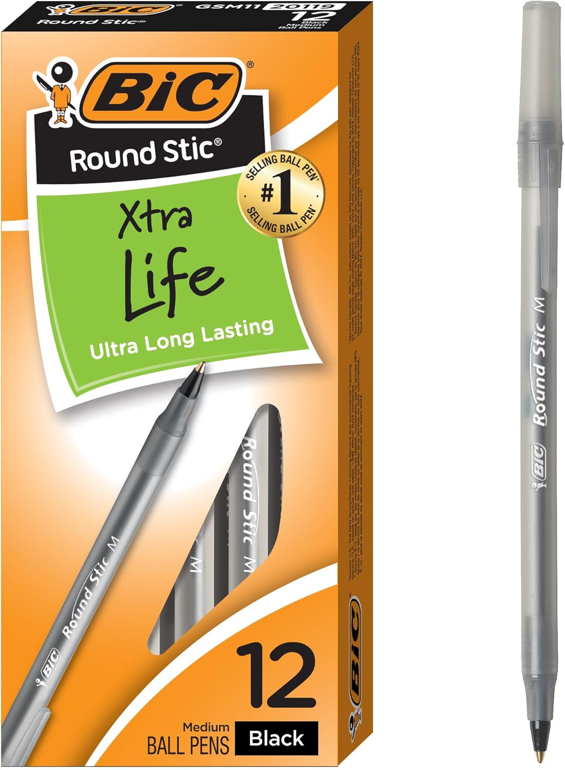 BIC Round Stic Xtra Life Black Ballpoint Pens, 12-Count, 1.0mm Medium Point